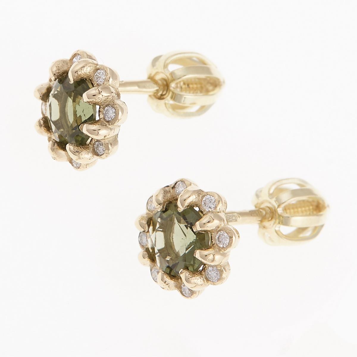 Gold earrings with moldavites and diamonds 2125