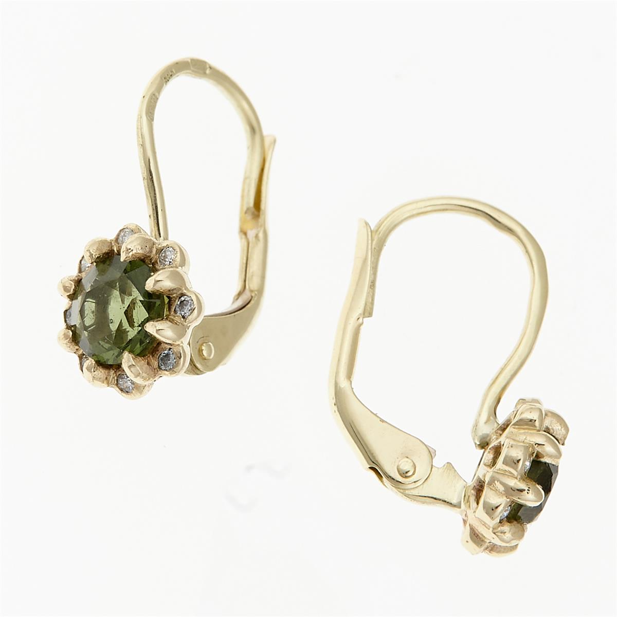 Gold earrings with moldavites and diamonds 2125-4