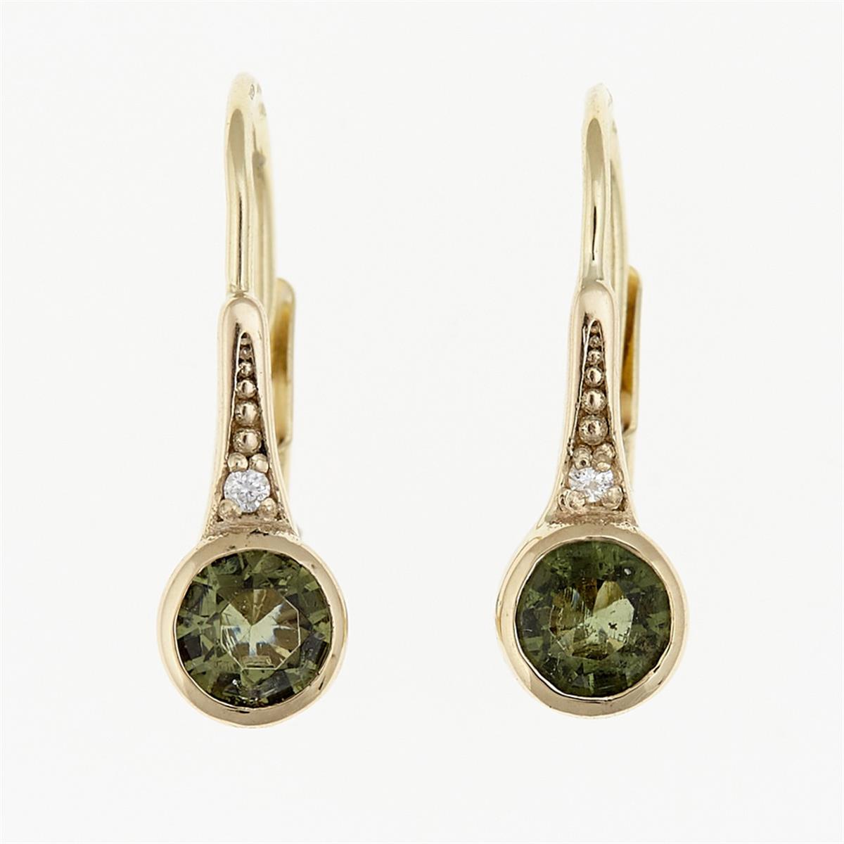 Gold earrings with moldavites and diamonds 2144-4