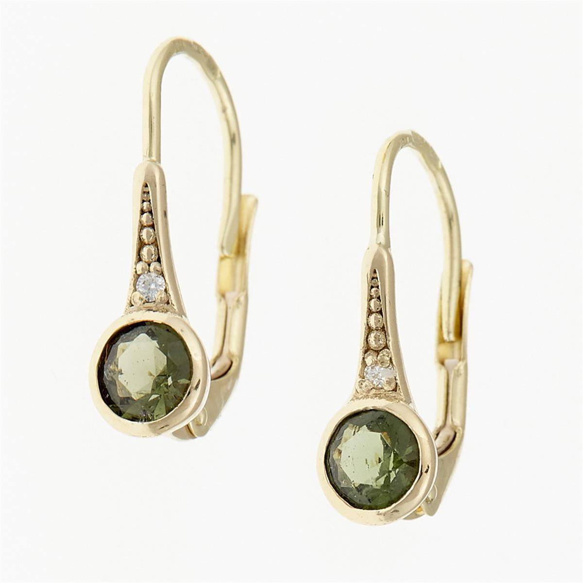 Gold earrings with moldavites and diamonds 2144-4