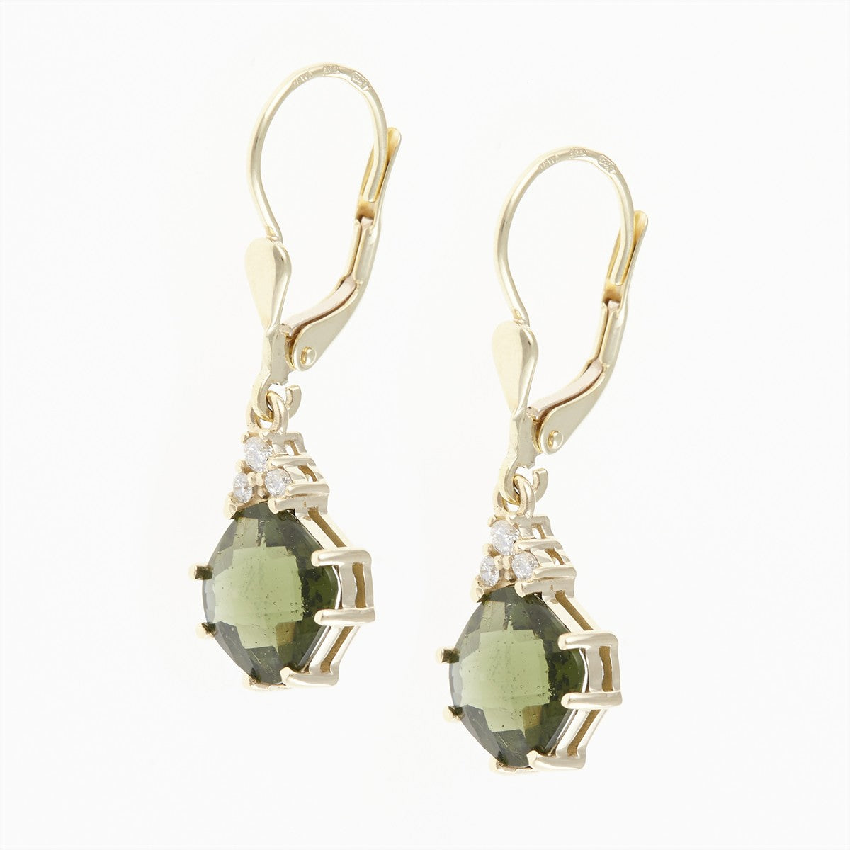 Gold earrings with moldavites and diamonds 2492-4