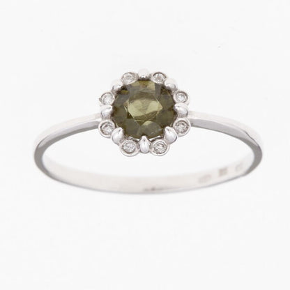 Anello d'oro con moldavite  e diamanti 3125WG