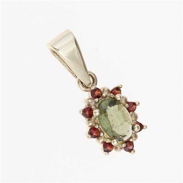 Ciondolo in oro con moldavite e granati AUVG1001