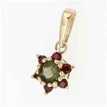 Ciondolo dorato con moldavite e granati 1007