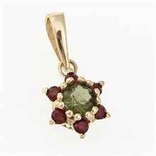 Ciondolo dorato con moldavite e granati 1007