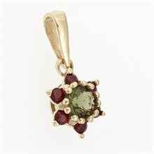 Ciondolo dorato con moldavite e granati 1007