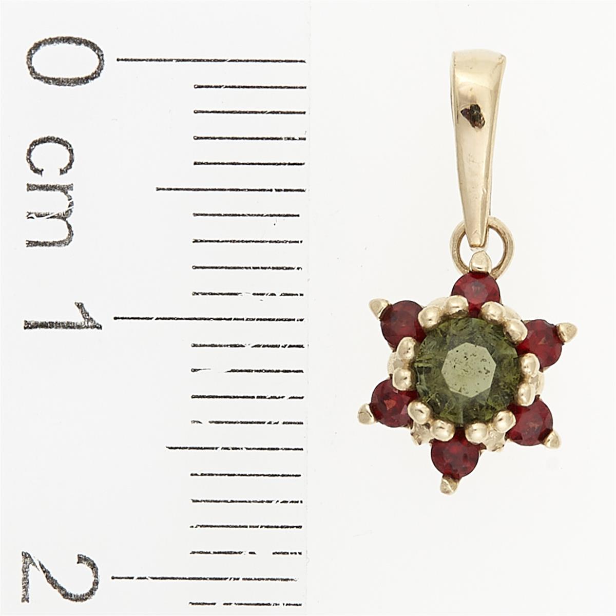 Golden pendant with moldavite and garnets 1007