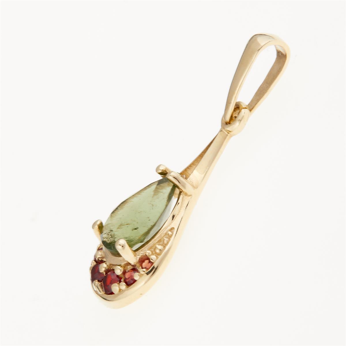 Golden pendant with moldavite and garnets 1064