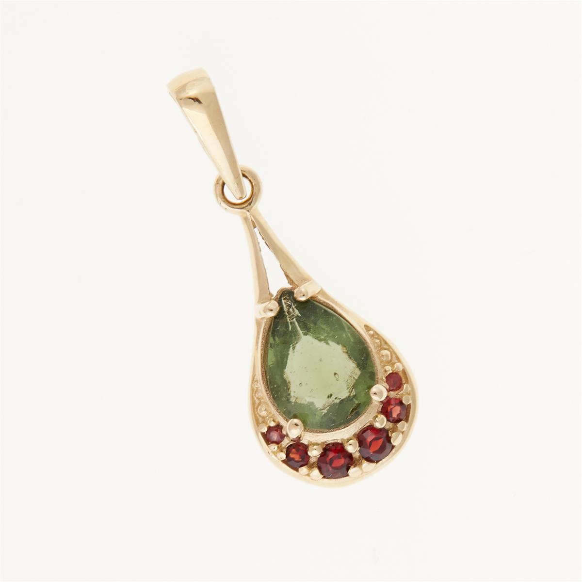 Golden pendant with moldavite and garnets 1064