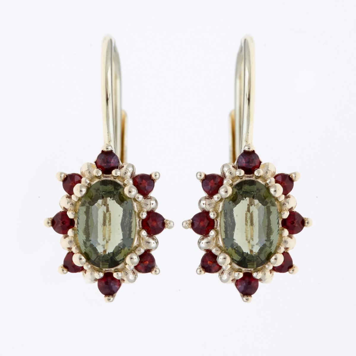 Golden earrings with moldavites and garnets AUVG2001-4