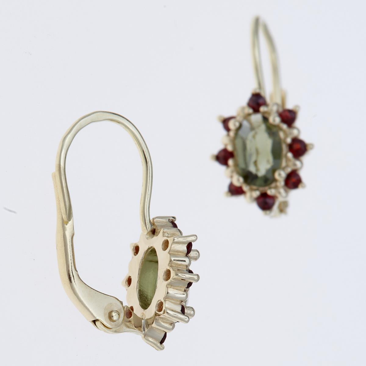 Golden earrings with moldavites and garnets AUVG2001-4