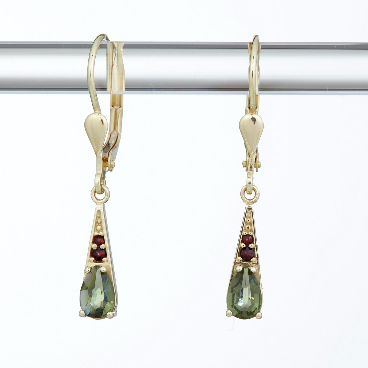 Golden earrings with moldavites and garnets AUVG2002-4