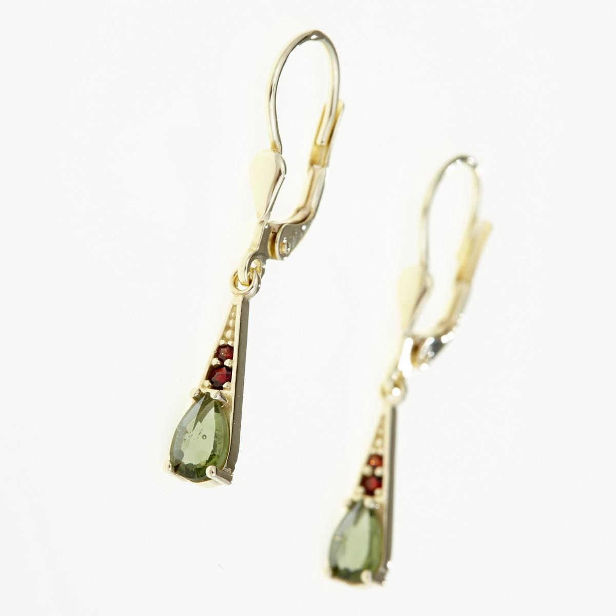 Golden earrings with moldavites and garnets AUVG2002-4