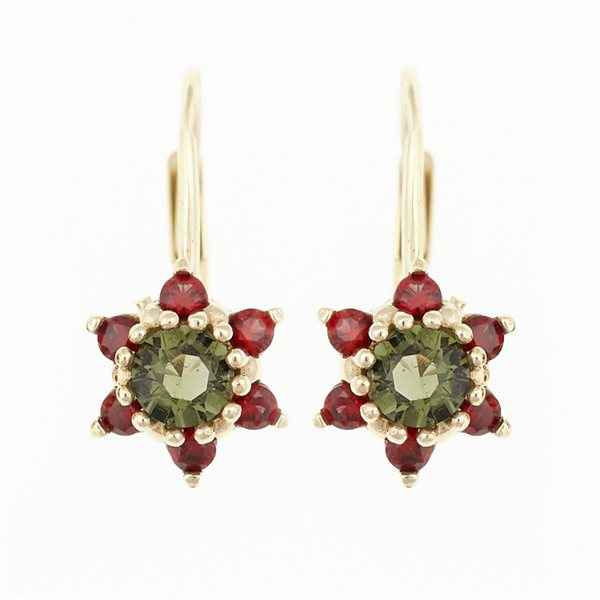 Golden earrings with moldavites and garnets 2007-4