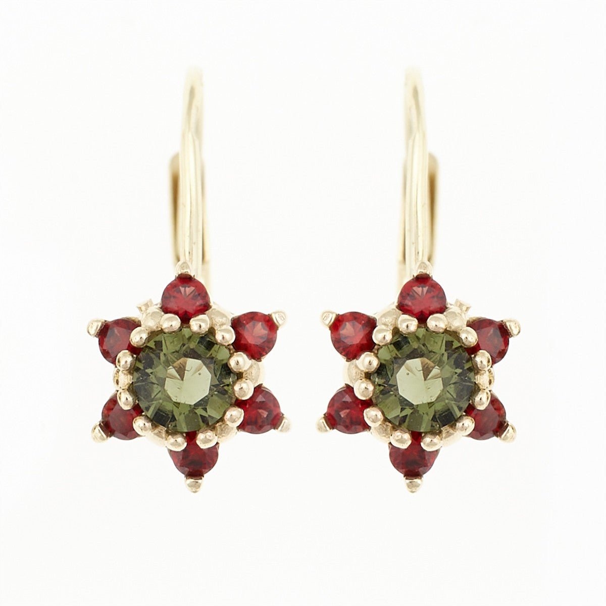 Golden earrings with moldavites and garnets 2007-4
