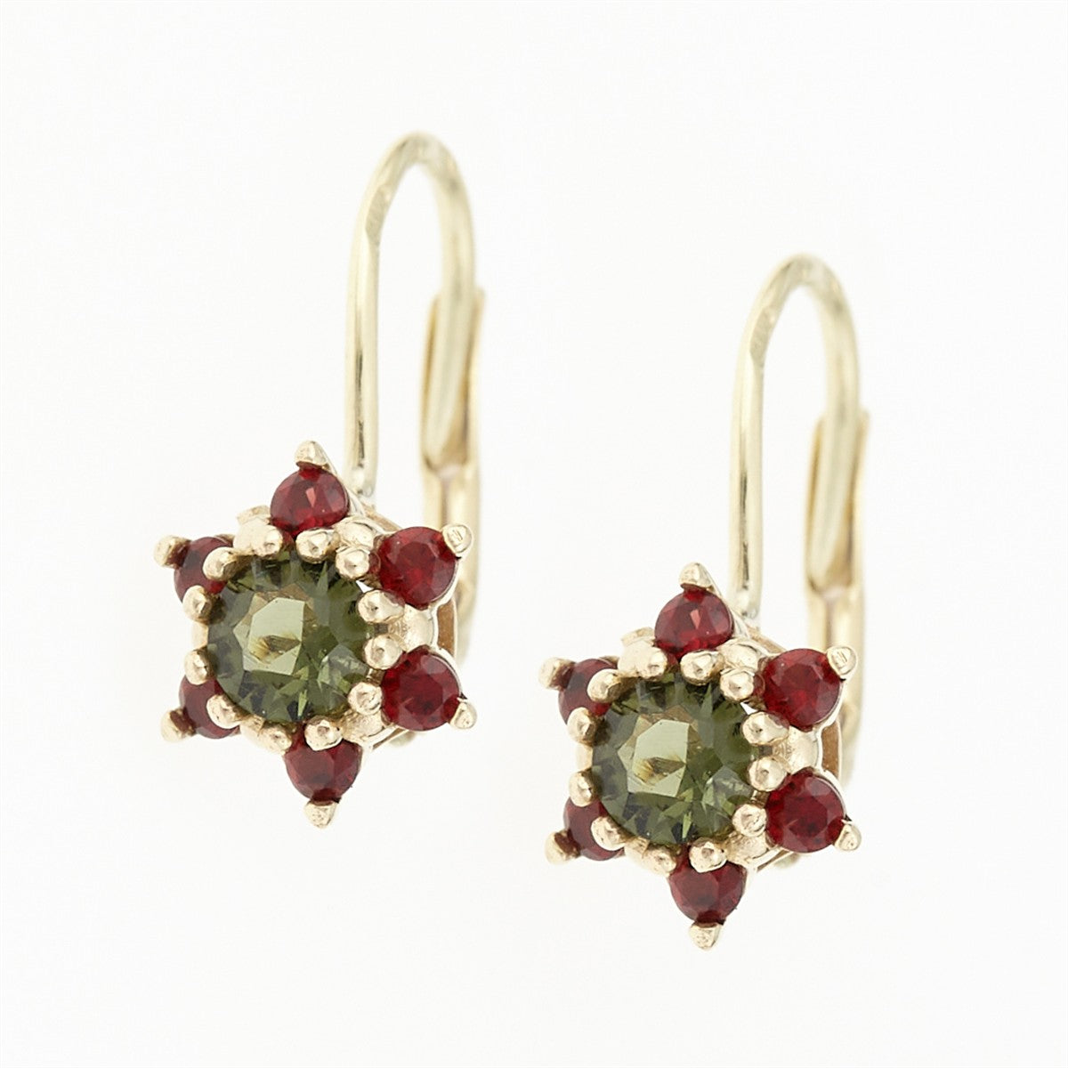 Golden earrings with moldavites and garnets 2007-4