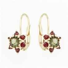 Golden earrings with moldavites and garnets 2007-4