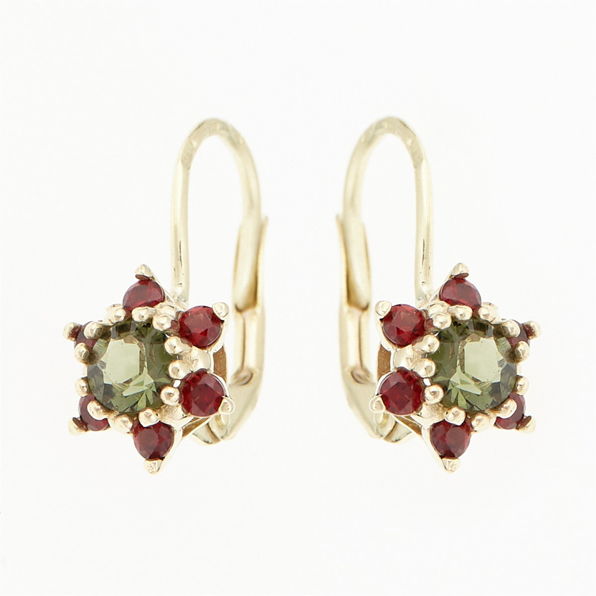 Golden earrings with moldavites and garnets 2007-4