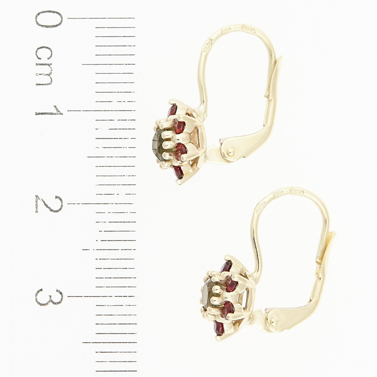 Golden earrings with moldavites and garnets 2007-4