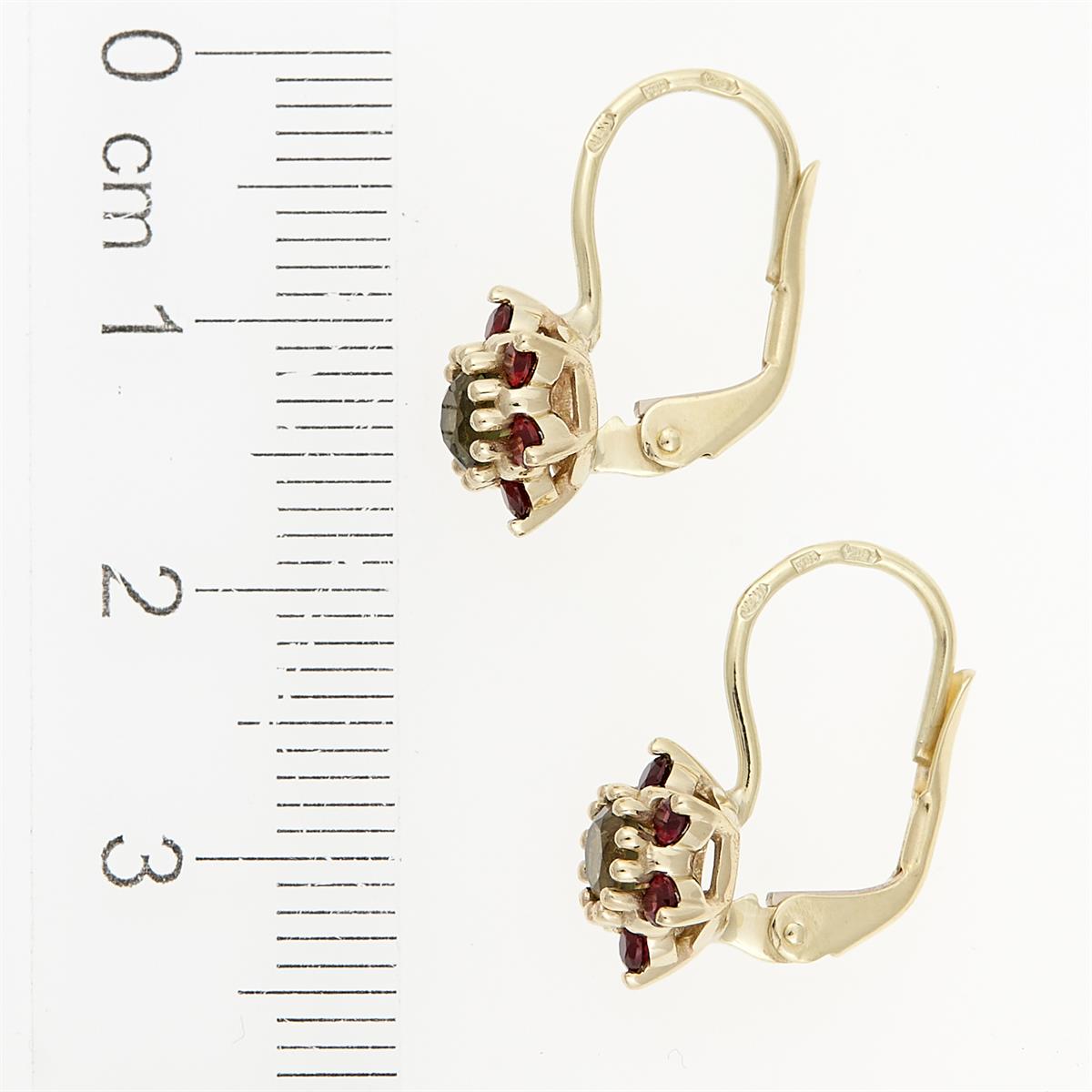 Golden earrings with moldavites and garnets 2007-4