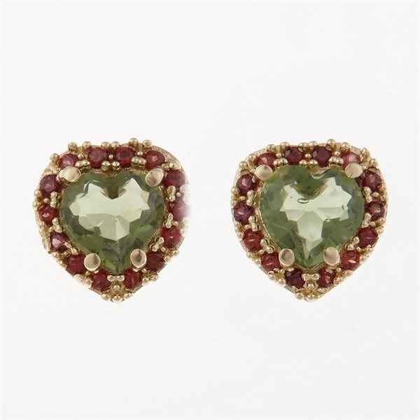 Orecchini dorati con moldaviti e granati - a forma di cuore AUVG2282-3