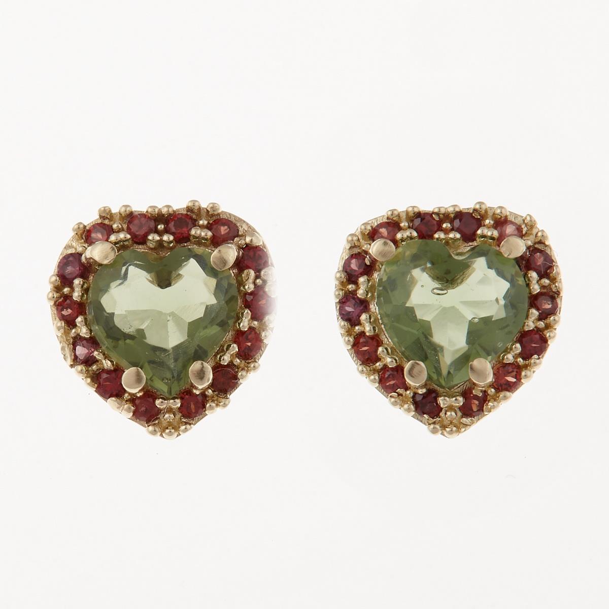 Golden earrings with moldavites and garnets - heart AUVG2282-3