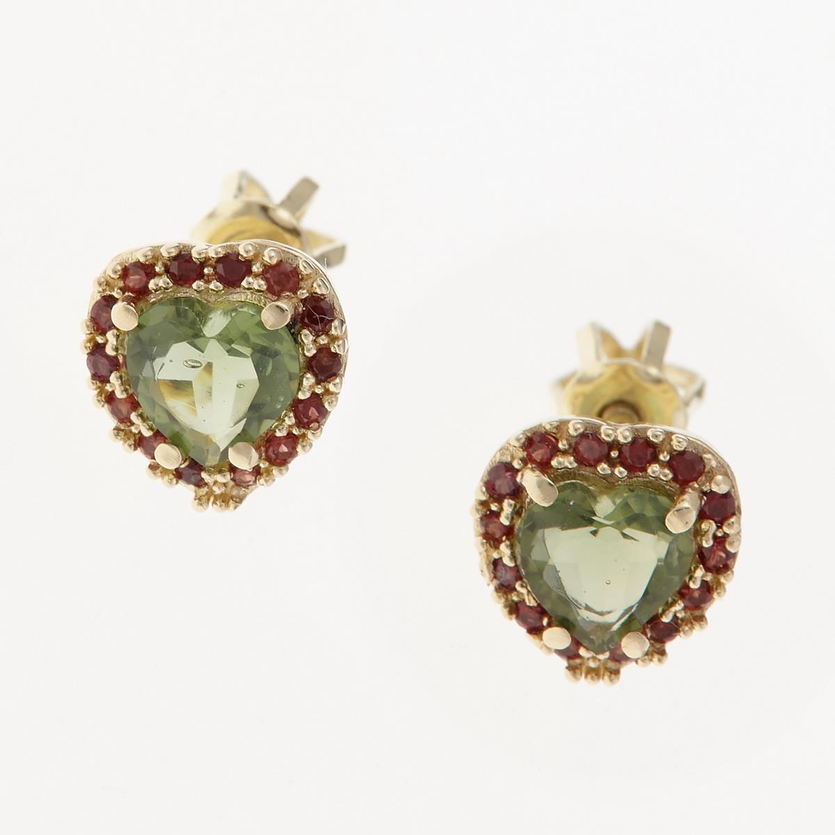Golden earrings with moldavites and garnets - heart AUVG2282-3