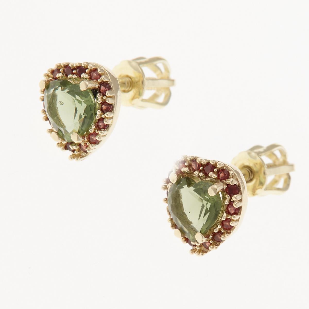 Golden earrings with moldavites and garnets - heart AUVG2282-3