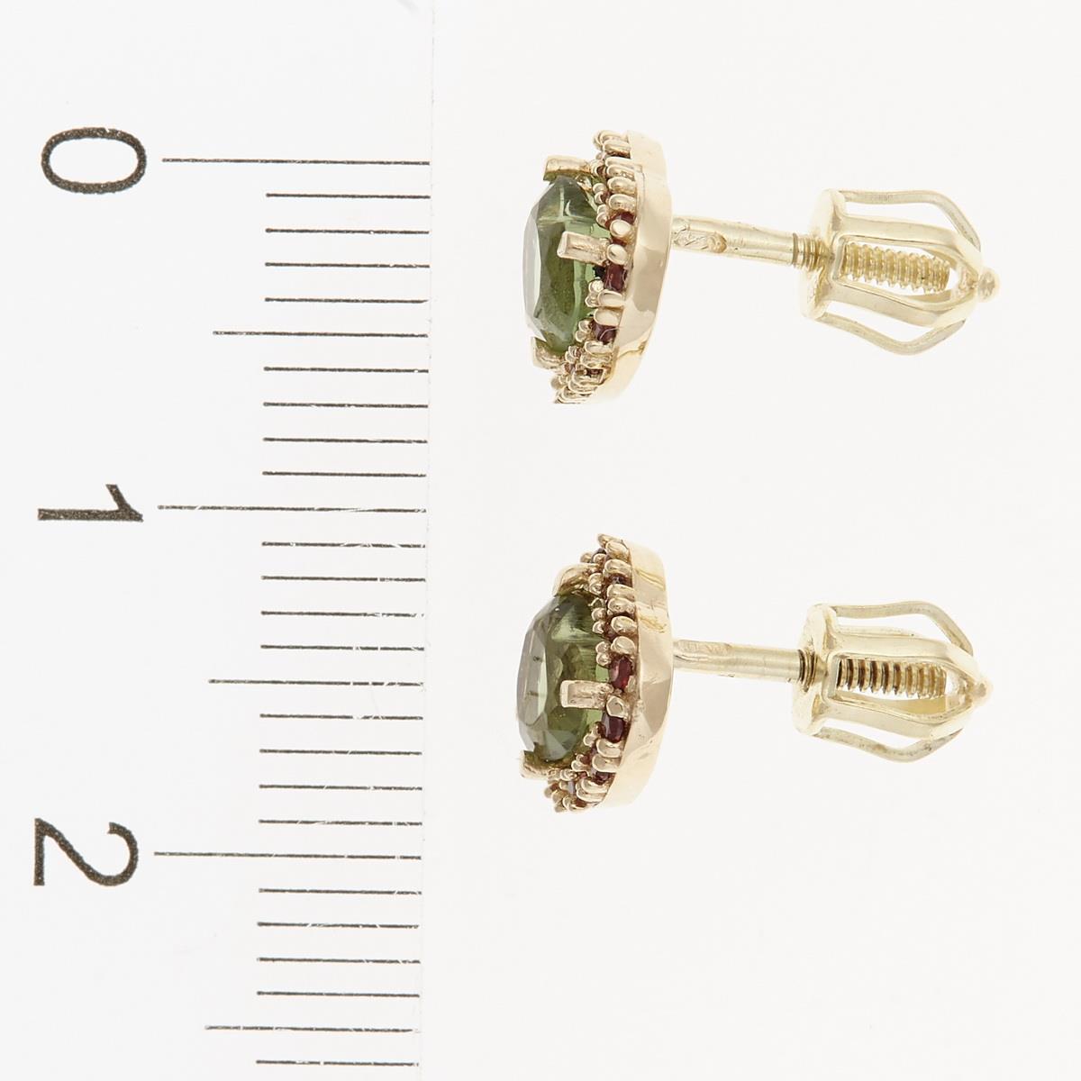 Golden earrings with moldavites and garnets - heart AUVG2282-3