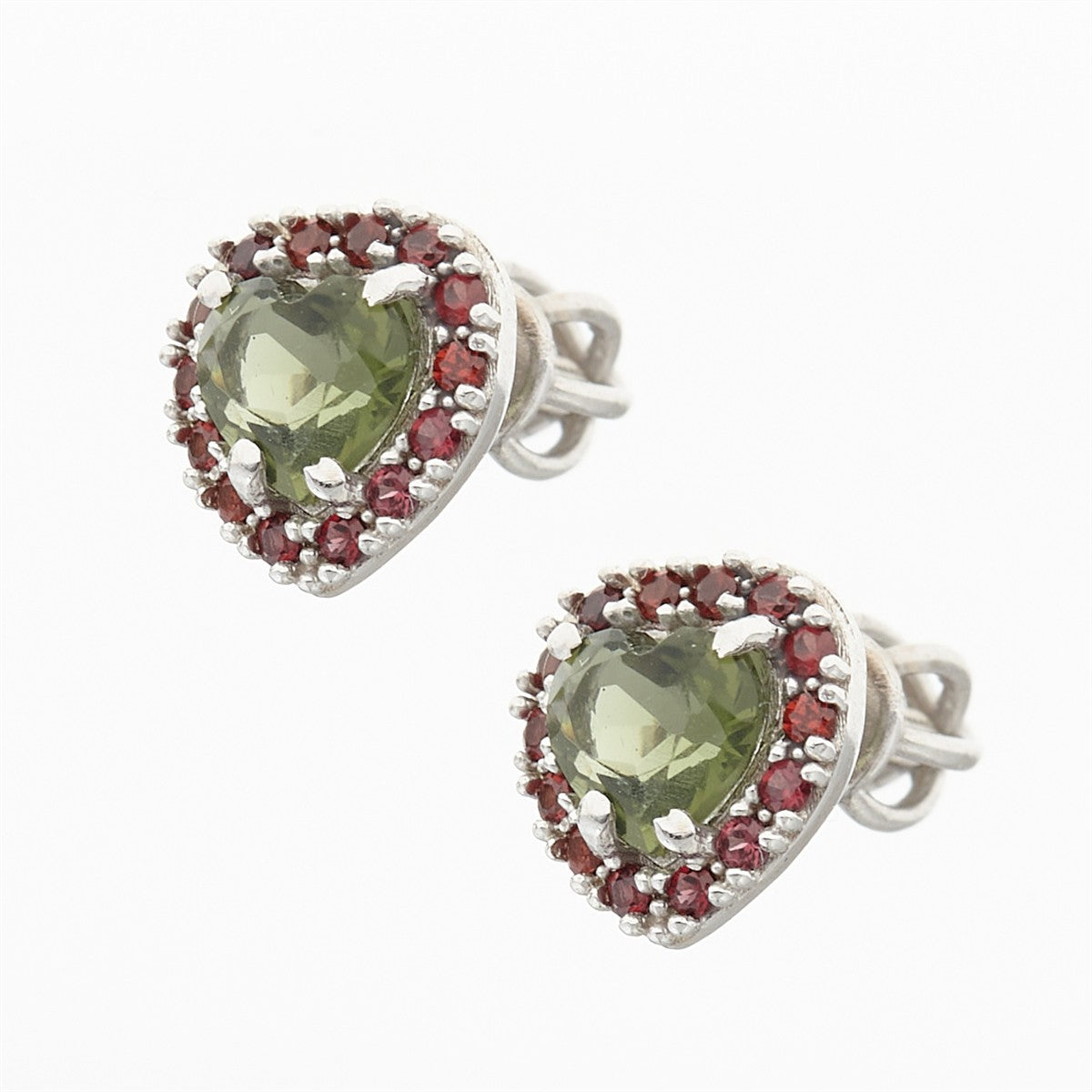 Golden earrings with moldavites and garnets - heart AUVG2282-3WG