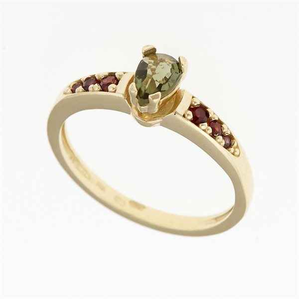 Anello in oro con moldavite e granati 3002
