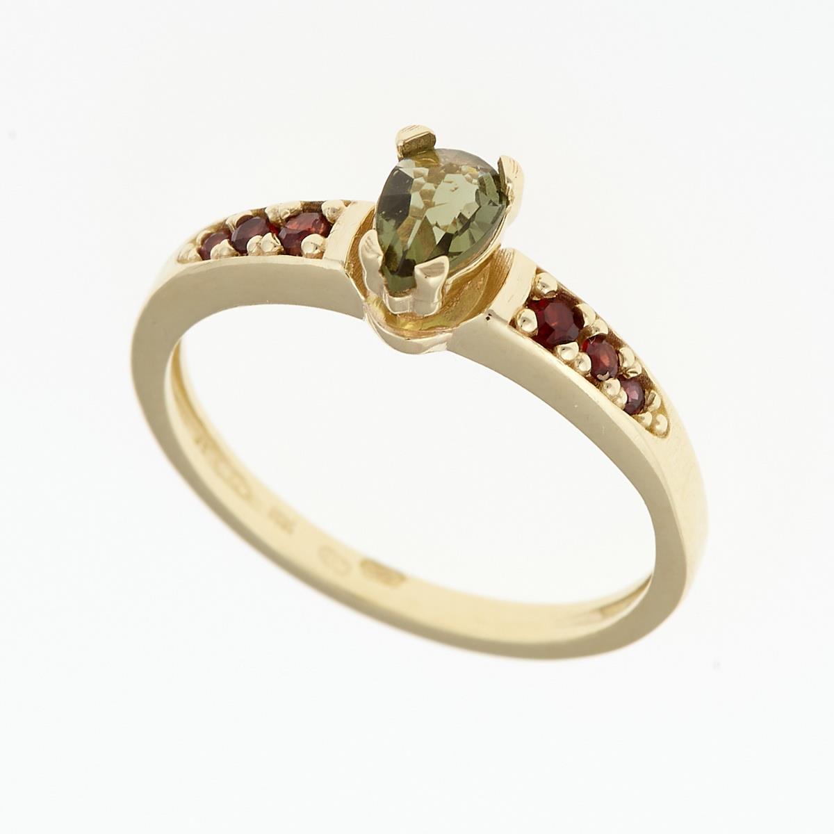 Golden ring with moldavite and garnets 3002