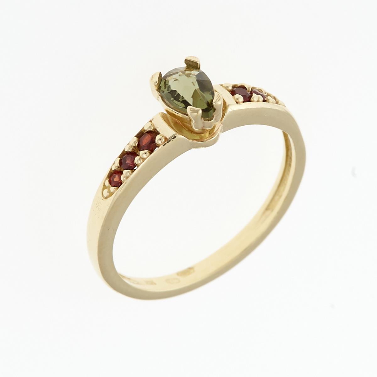 Golden ring with moldavite and garnets 3002