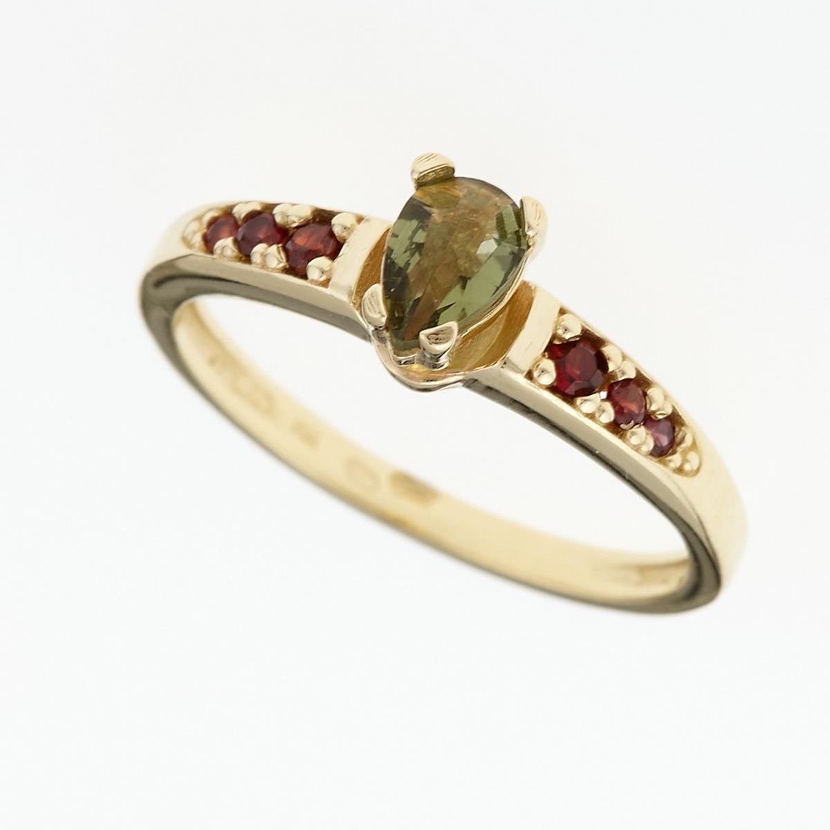Golden ring with moldavite and garnets 3002