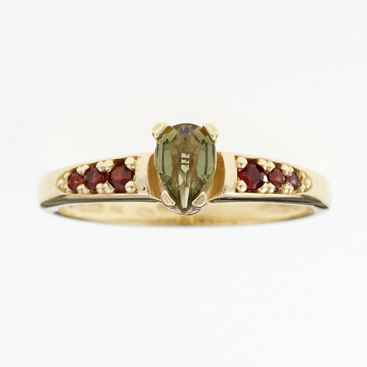 Golden ring with moldavite and garnets 3002