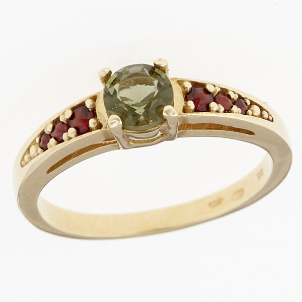 Anello d'oro con moldavite e granati 3038