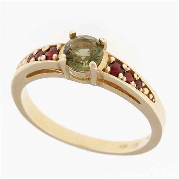Anello in oro con moldavite e granati 3038