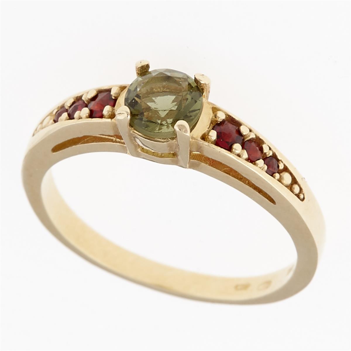Golden ring with moldavite and garnets 3038