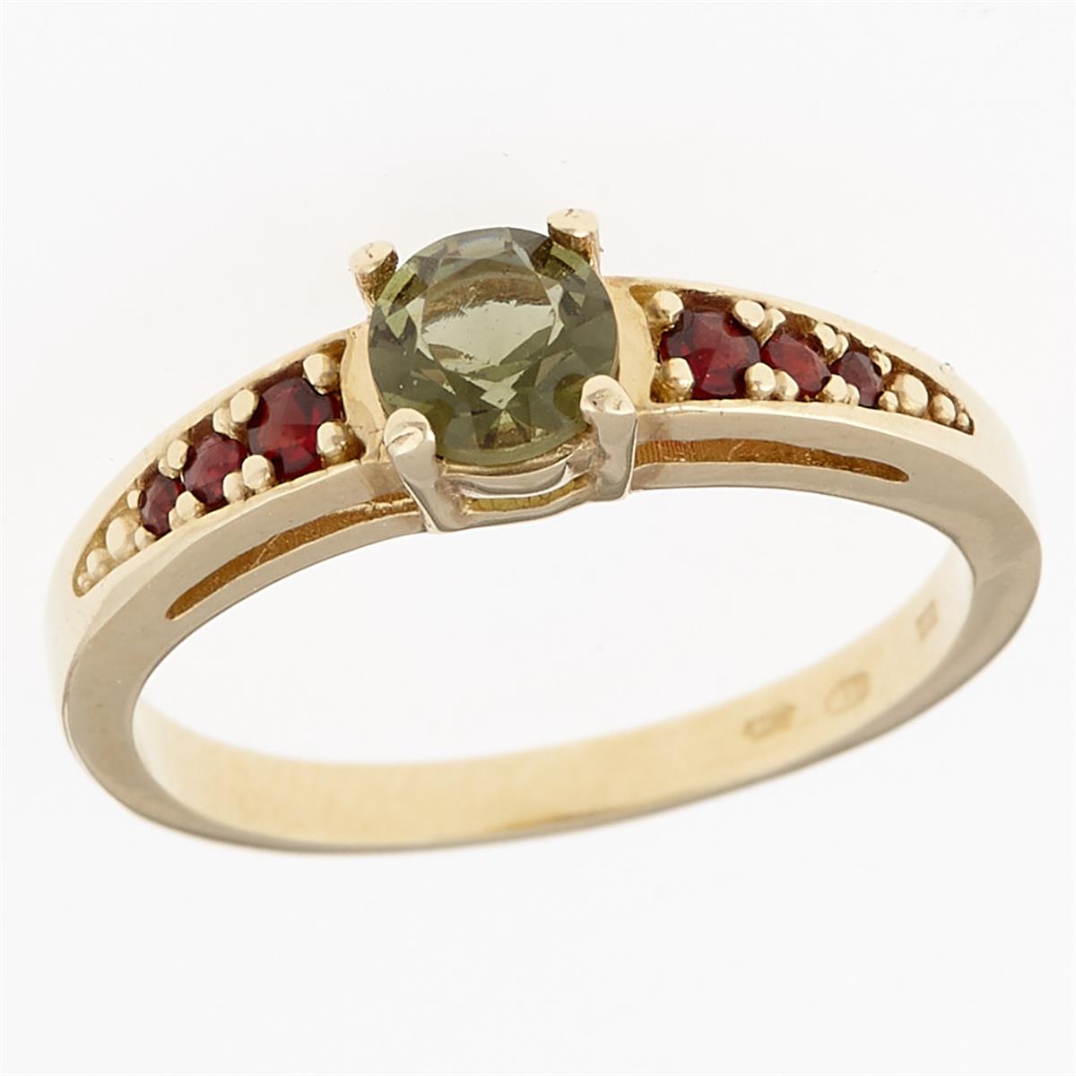 Golden ring with moldavite and garnets 3038