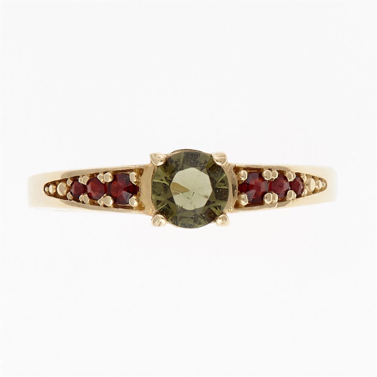 Golden ring with moldavite and garnets 3038