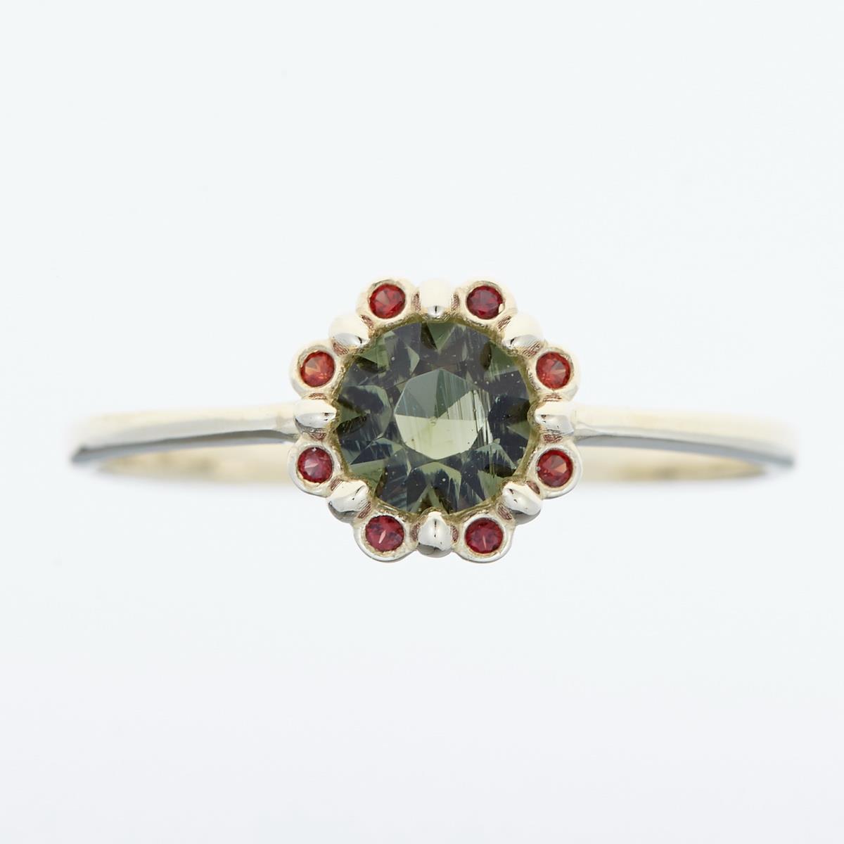 Golden ring with moldavite and garnets 3125G
