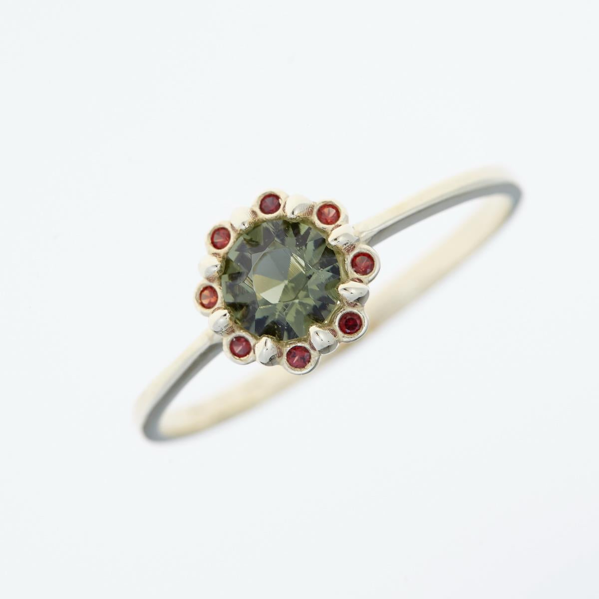 Golden ring with moldavite and garnets 3125G
