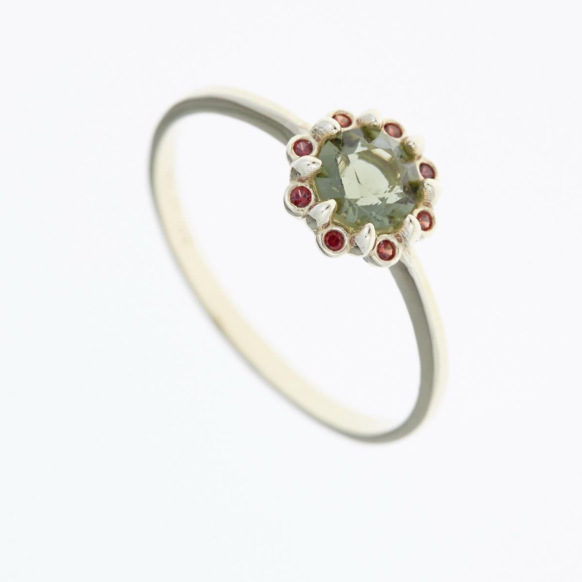 Golden ring with moldavite and garnets 3125G