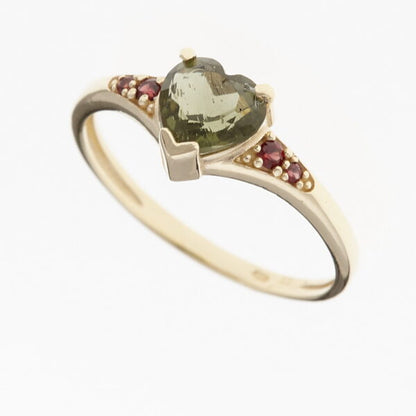 Anello d'oro con moldavite und garnets – cuore 3294