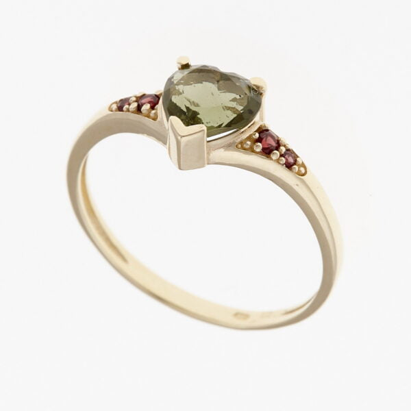 Anello d'oro con moldavite und garnets – cuore 3294