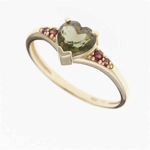 Anello Oro con moldavite e granati - cuore 3294