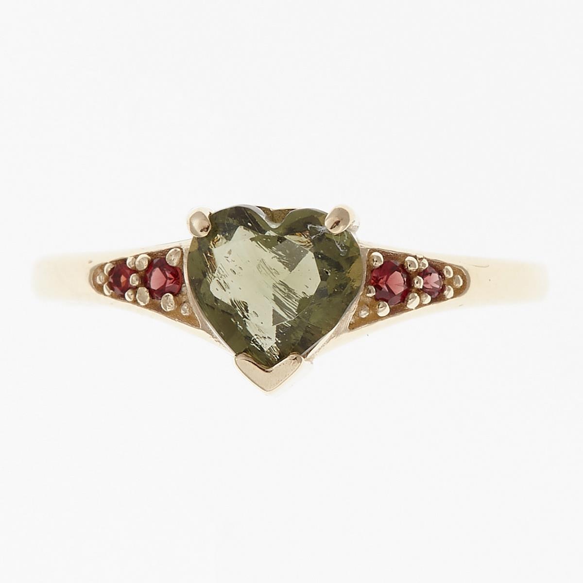 Gold ring with moldavite und garnets - heart 3294