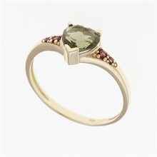 Anello Oro con moldavite e granati - cuore 3294