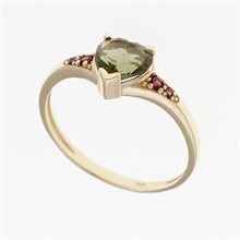Anello Oro con moldavite e granati - cuore 3294