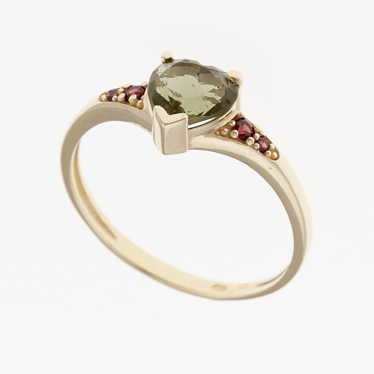 Gold ring with moldavite und garnets - heart 3294